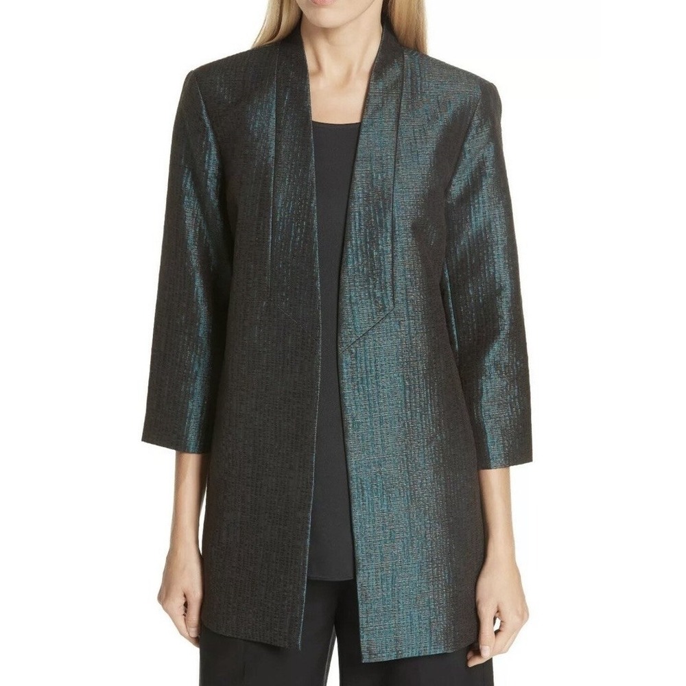 NWT Eileen Fisher Pine Shawl Collar Jacquard Silk Blend Metallic Jacket Size L